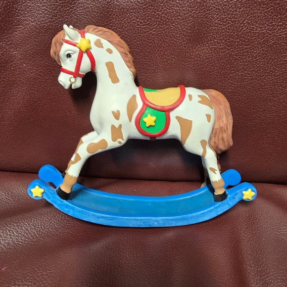Other - Vintage Rocking Horse Figurine Merry Christmas Blue Base Star Saddle Decor